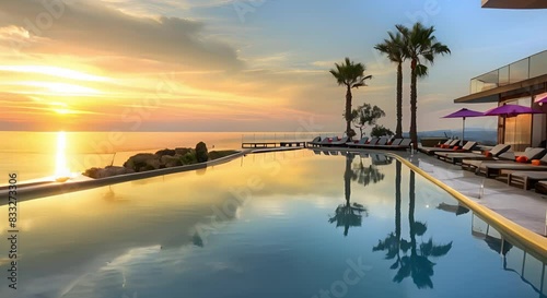 Luxury beach hotel with sea view modern design pool sunbeds vacation spot. Concept Luxury Beach Hotel, Sea View, Modern Design, Pool, Sunbeds, Vacation Spot photo