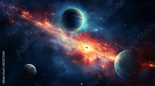 Dramatic space scene with planets, nebulae, and bright red energy core