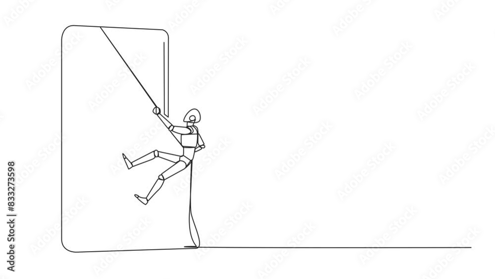 Animation of single one line drawing smart robot climbing smartphone with rope. Improve business relationships. Massively contact old friends. Connected to each other. Full length motion Animation of single one line drawing smart robot climbing smartphone with rope. Improve business relationships. Massively contact old friends. Connected to each other. Full length motion