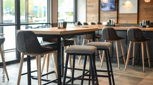 The bar table with high stools  set in a trendy pub  offering a casual spot for drinks and conversation with friends.