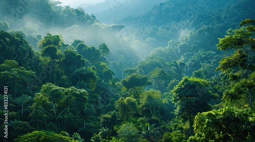 A lush tropical rainforest alive with the cacophony of wildlife  where towering trees form a verdant canopy overhead.