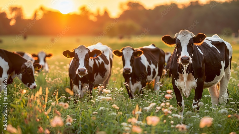 Group of serene cows in vibrant field with soft evening light filtering through Group of serene cows in vibrant field with soft evening light filtering through