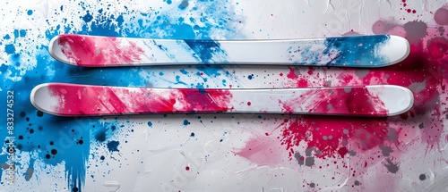 Sleek skis with digital overlays, durable poles, and a snowy mountain scene, Cyberpunk, Digital, Bright colors, Innovative winter sports gea