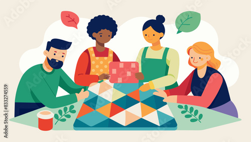 A team of coworkers coming together to make quilts for families affected by natural disasters.. Vector illustration