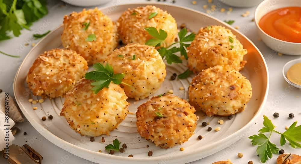 Photo of crispy vegan cheese fritters with golden exteriors and mouthwatering interior. Concept Vegan Recipes, Cheese Fritters, Crispy Exterior, Mouthwatering Interior, Food Photography Photo of crispy vegan cheese fritters with golden exteriors and mouthwatering interior. Concept Vegan Recipes, Cheese Fritters, Crispy Exterior, Mouthwatering Interior, Food Photography