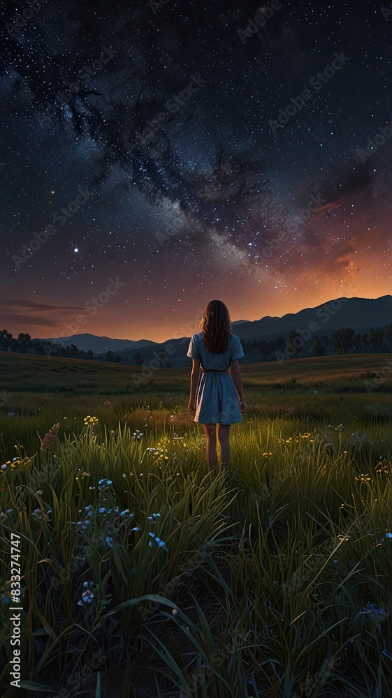 Fototapeta premium Romantic illustration of a couple silhouetted against a starry night sky with a moonlit landscape below