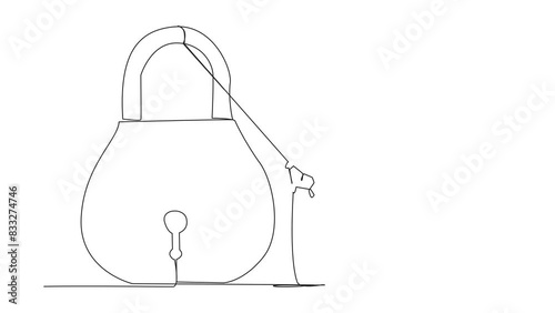 Self drawing animation of single continuous line drawing astronaut climbing padlock with rope. Do the best to privatize business. Sole owner. The result of smart work. Satisfied. Full length animated photo