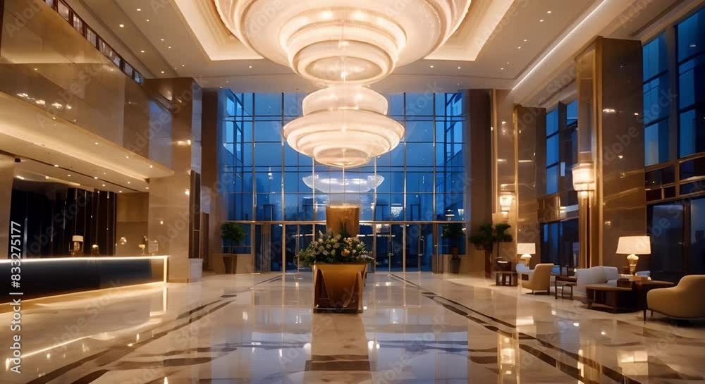 Elegantly adorn hotel lobby with luxurious chandeliers in a stylish