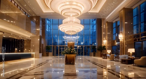 Elegantly adorn hotel lobby with luxurious chandeliers in a stylish manner. Concept Luxury Interior Design, Stylish Decor, Chandelier Installation, Hotel Lobby Enhancement