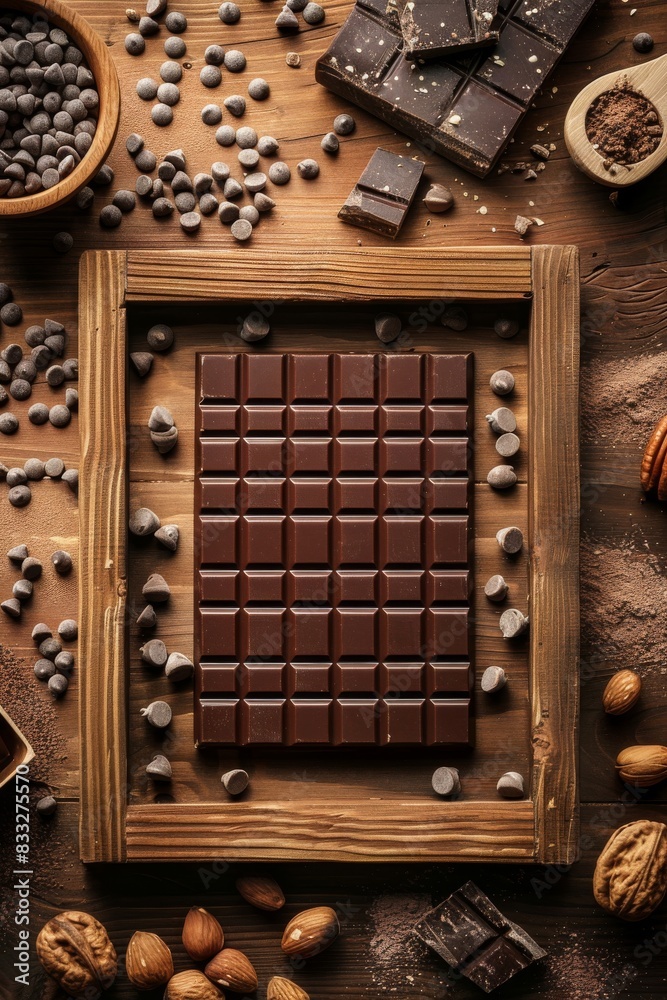 A wooden table is covered in rich, decadent chocolate and a variety of nuts, creating a delicious and indulgent display A wooden table is covered in rich, decadent chocolate and a variety of nuts, creating a delicious and indulgent display