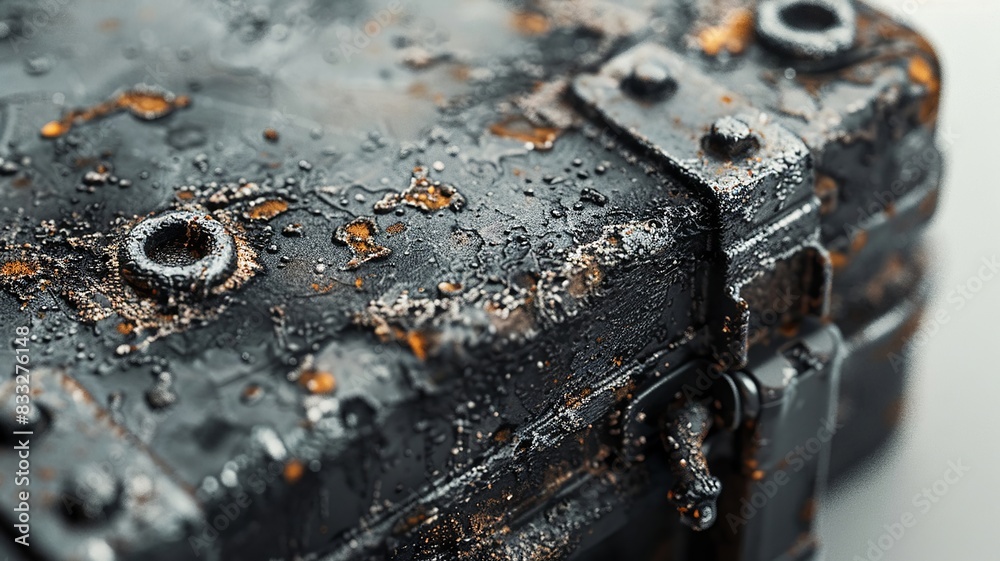 Detailed view of weathered black car battery showing signs of use on white Detailed view of weathered black car battery showing signs of use on white