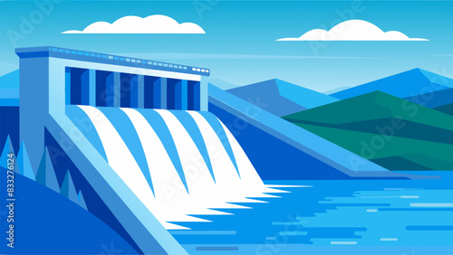 The calm blue waters of the lake behind the dam are in stark contrast to the turbulent flow of water cascading down the spillway.. Vector illustration