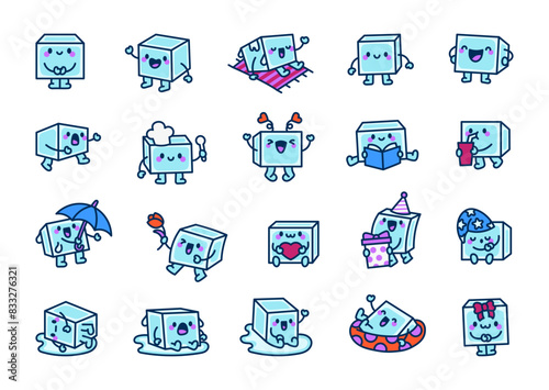 Cheerful ice cube. Funny and cute character. Hand drawn style. Vector drawing. Collection of design elements.