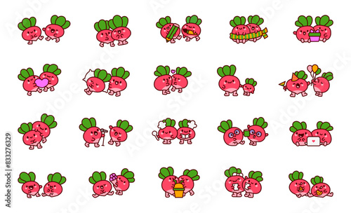 Radish couple cute cartoon characters. Funny adorable vegetables. Hand drawn style. Vector drawing. Collection of design elements.