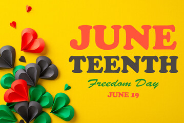 Bright paper hearts in Juneteenth hues—red, green, and black—arranged on a yellow background. A visually compelling top view image for social media posts or promotional content
