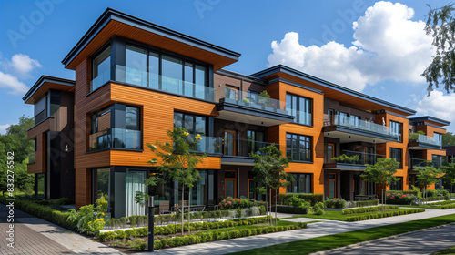 Modern residential complex with balconies and green area photo