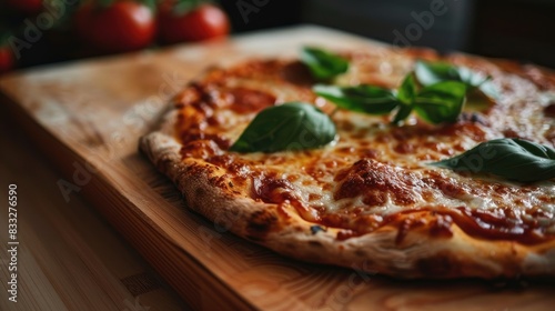 A well prepared pizza rests on a traditional wooden chopping surface