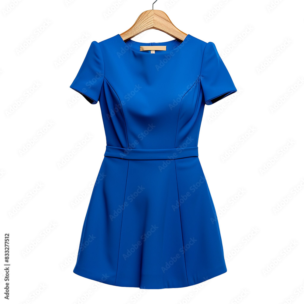 Front view of a cobalt blue women's sheath dress on a wooden hanger isolated on a white transparent background Front view of a cobalt blue women's sheath dress on a wooden hanger isolated on a white transparent background