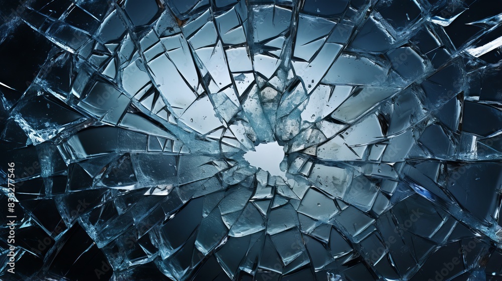 Close-up of shattered glass with radiating shards on dark background Close-up of shattered glass with radiating shards on dark background