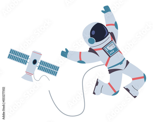 Spaceman flying away from station. Space accident risk