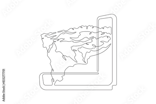 Folding modern smartphone. Mountain top peak. Mountain peak on the smartphone screen.One continuous line. Line art. Minimum one line. White background. One line drawing.