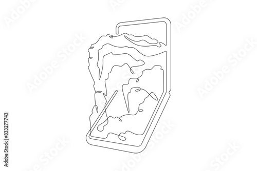 Folding modern smartphone. Mountain top peak. Mountain peak on the smartphone screen.One continuous line. Line art. Minimum one line. White background. One line drawing.