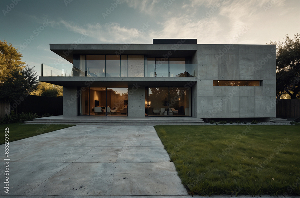 A stylish modern house built with exposed concrete walls and expansive windows. A stylish modern house built with exposed concrete walls and expansive windows.
