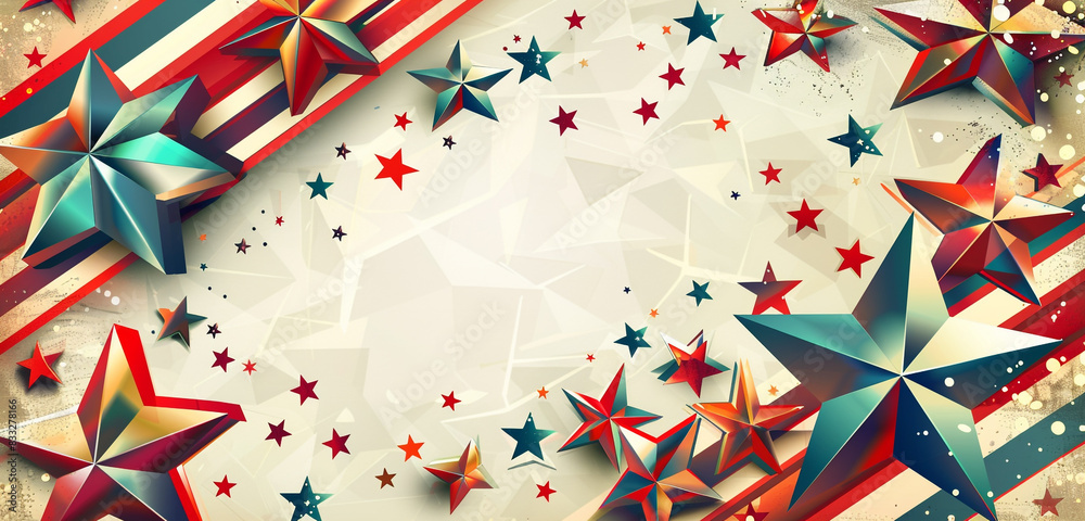 Obraz premium Stylish wide vector background with geometric stars and stripes, modern Memorial Day layout.