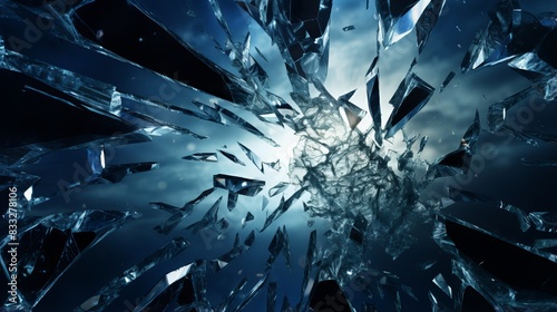 Abstract shattered glass pieces flying in a dynamic explosion under vibrant dramatic blue lighting, capturing motion and chaos.
