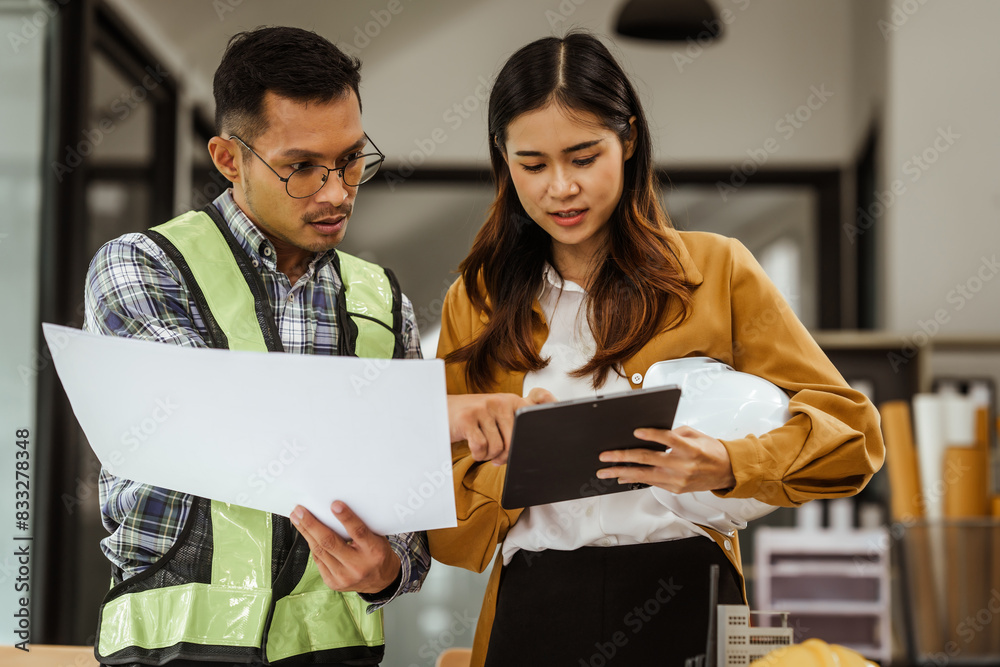 A middle-aged man, a young woman, and other Asian individuals collaborate on architectural engineering for condos and apartments, focusing on sustainable renovation and green energy solutions.