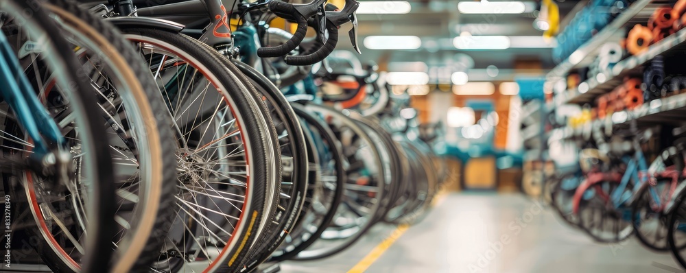 Close-up image capturing the intricate details of a vintage bicycle wheel in a bike repair shop. Close-up image capturing the intricate details of a vintage bicycle wheel in a bike repair shop.