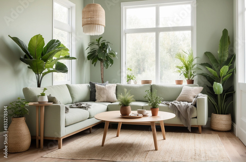 A bright and inviting living room featuring a comfortable couch  coffee table  and potted plants. The room has a neutral color scheme with pops of green and brown