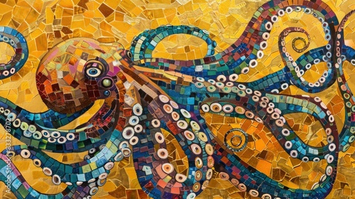 A vibrant mosaic with an octopus, glass beads, and swirling tentacles. Blending dragon art, paisley motifs, and oriental textures. Ideal for wallpaper, architecture, and decoration. Generative AI.
