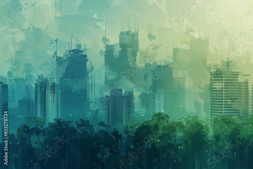 Cityscape that blends architectural elements with natural forms, illustrating a futuristic city where urban living nature coexist beautifully, palette of greens, blues, and earth tones, ai generated photo