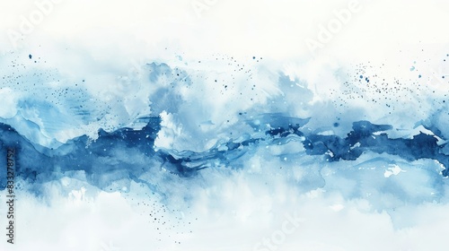 An abstract blue watercolor background with clouds and fog in Chinese ink painting, white sky , brushstrokes with waves, global warming, Generative AI.