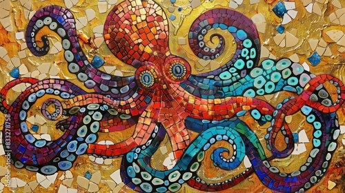 A vibrant mosaic with an octopus, glass beads, and swirling tentacles. Blending dragon art, paisley motifs, and oriental textures. Ideal for wallpaper, architecture, and decoration. Generative AI.