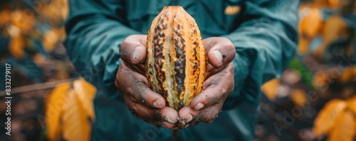 Hand holding a cacao pod in a plantation.