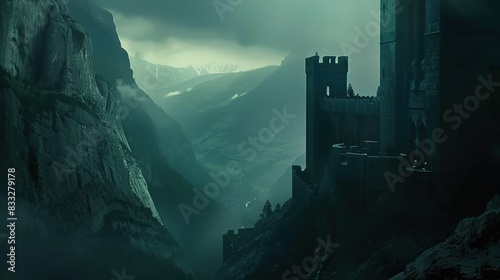 Fabled Fortress, Dark Castle Overlooking Valley, Tower Ascending. Generative Ai photo