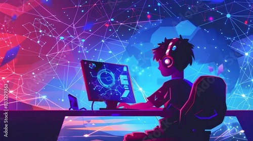 A child playing computer in cyberspace with online connection