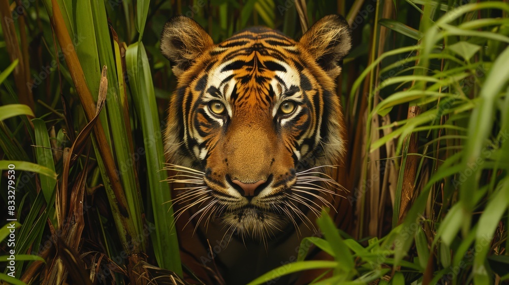The bold pattern of stripes on the tiger's coat provided camouflage in the dense jungle, concealing its presence from prey and predators alike. The bold pattern of stripes on the tiger's coat provided camouflage in the dense jungle, concealing its presence from prey and predators alike.