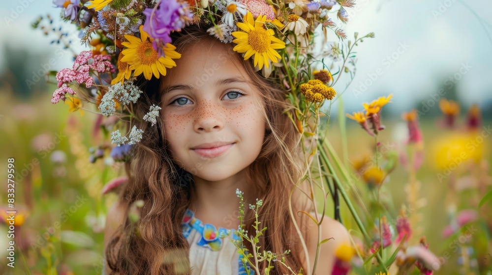 A joyful image of a young girl with a vibrant flower crown in a colorful meadow, symbolizing innocence A joyful image of a young girl with a vibrant flower crown in a colorful meadow, symbolizing innocence