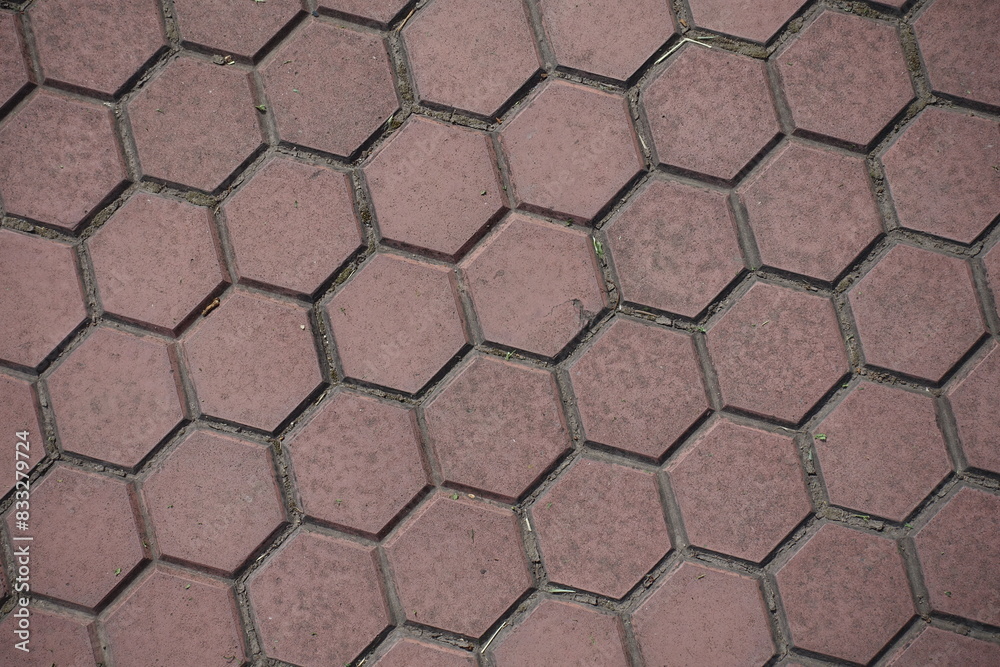 Closeup of pink concrete pavement with honeycomb geometric pattern Closeup of pink concrete pavement with honeycomb geometric pattern