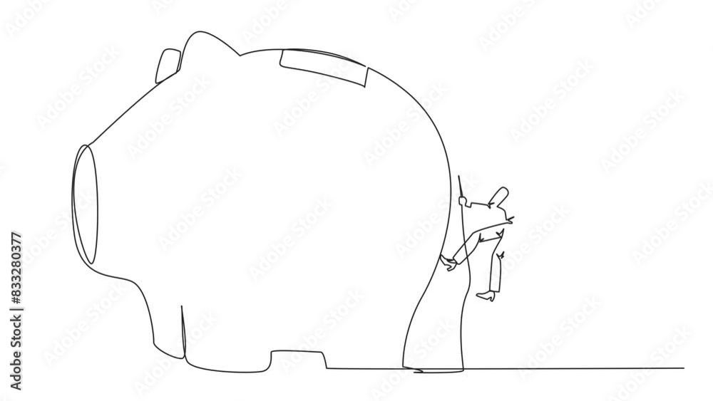 Self drawing animation of single continuous line drawing businesswoman climbing piggy bank with rope. Entrepreneur working hard to make investments for retirement. Smart worker. Full length animated Self drawing animation of single continuous line drawing businesswoman climbing piggy bank with rope. Entrepreneur working hard to make investments for retirement. Smart worker. Full length animated