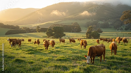 Herd of brown cattle grazing peacefully in lush green pasture at dusk