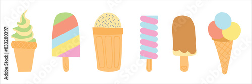 Colorful ice cream cones and popsicles in various shapes and flavors, perfect for summer treats.