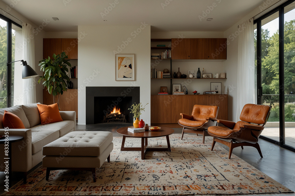 Fototapeta premium Modern Mid-Century Living Room with Leather Furniture and Abstract Art