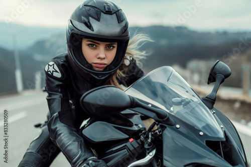 Photo of a determined young woman in professional motorcycle gear posing confidently with her bike on an open road setting © Татьяна Евдокимова