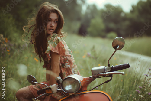 Young woman in a flowerprint dress enjoys a peaceful moment on a classic scooter surrounded by a lush, blooming meadow photo