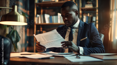 African man reviewing a document at his desk