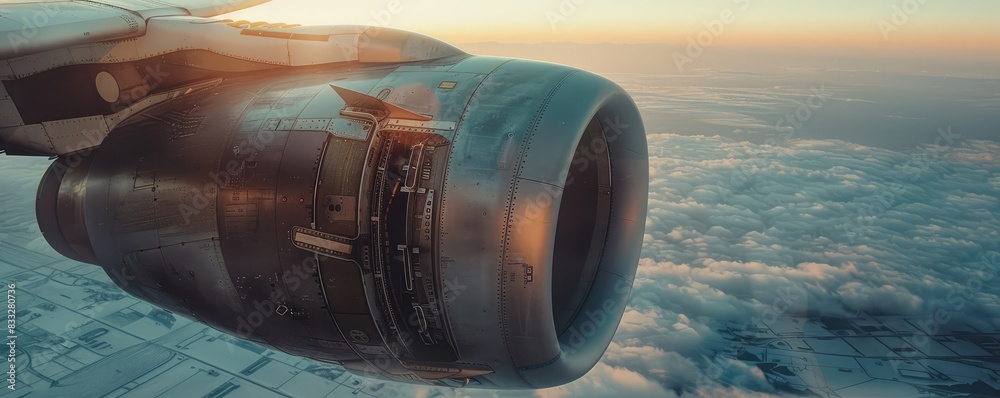 Detailed view of a jet engine with sleek metallic surfaces in a well ...